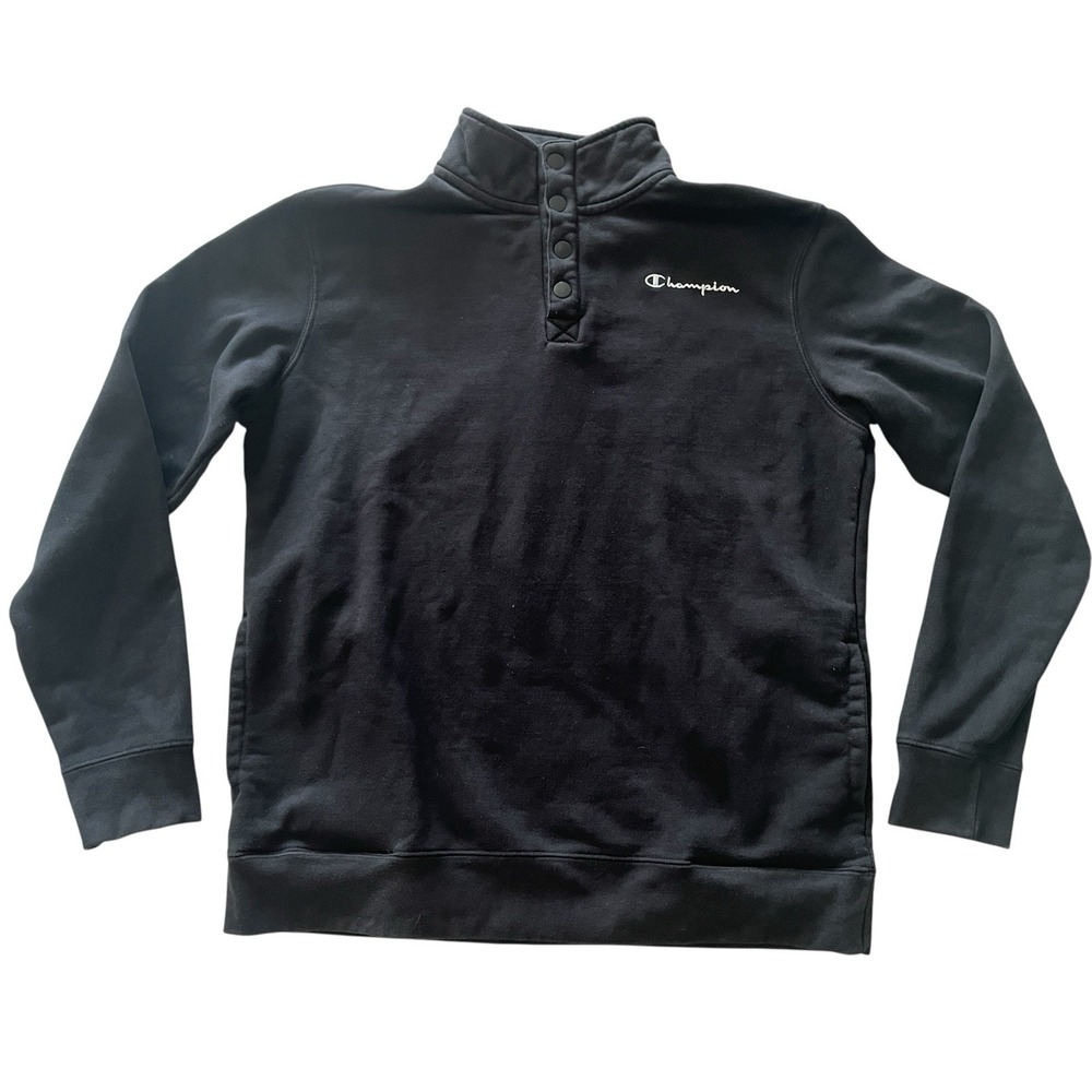 Champion Men's Size L Black Mock Neck Quarter Snap Sweatshirt‎ Pocket